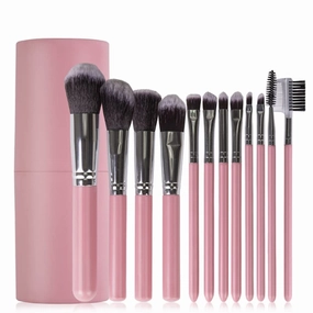 12pcs Makeup Brushes Set Face Powder Blush Eyebrow Brush & Comb Eyelash Brush with Cylinder Case(Color:3pack)(12pcs,D)