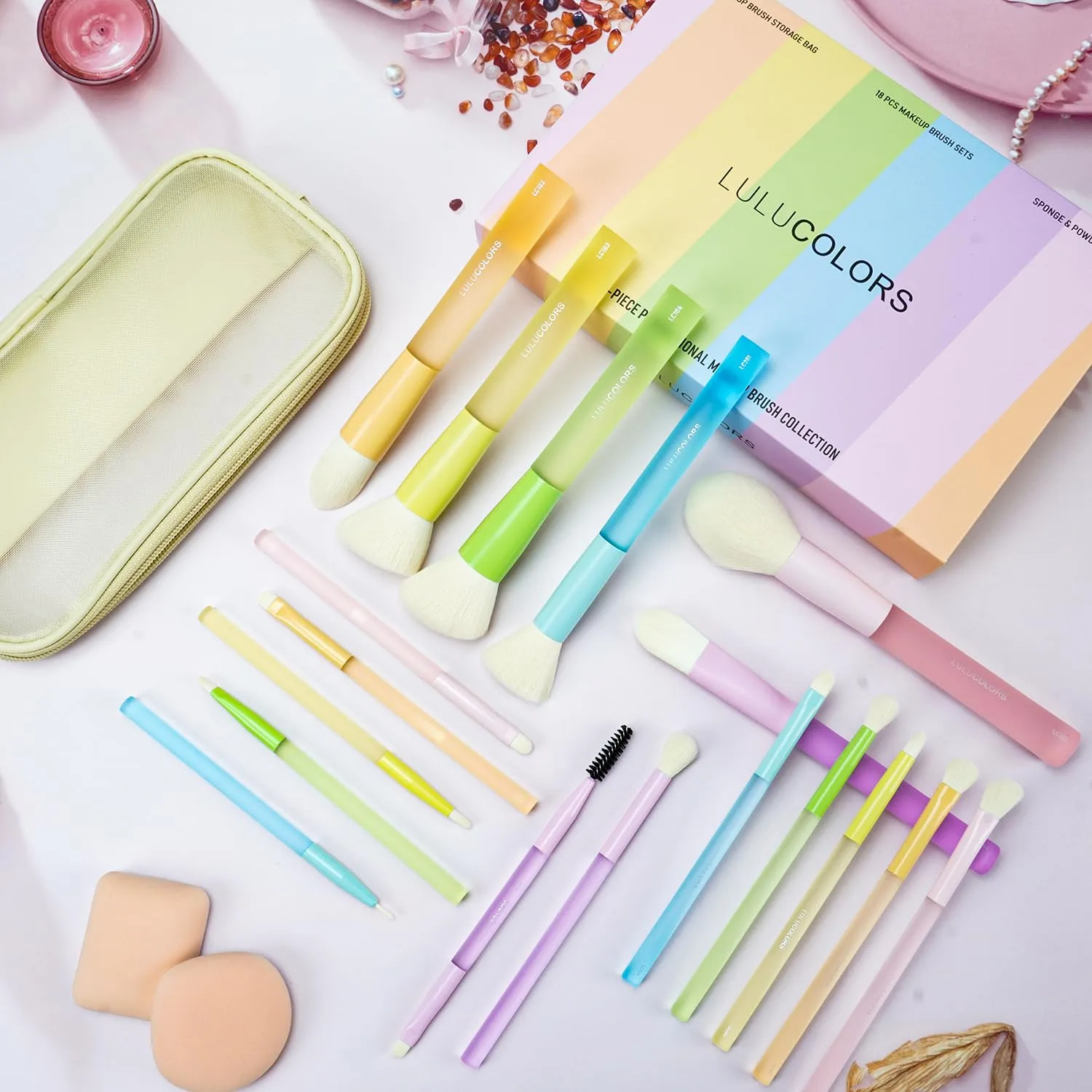18-Pcs Makeup Brush Set for Beginners - Travel-Friendly with Soft Arthritis-Friendly Handles & Non-Shedding Bristles | Includes Storage Bag, Eyeshadow Brushes & Sponges (Multi-Color)