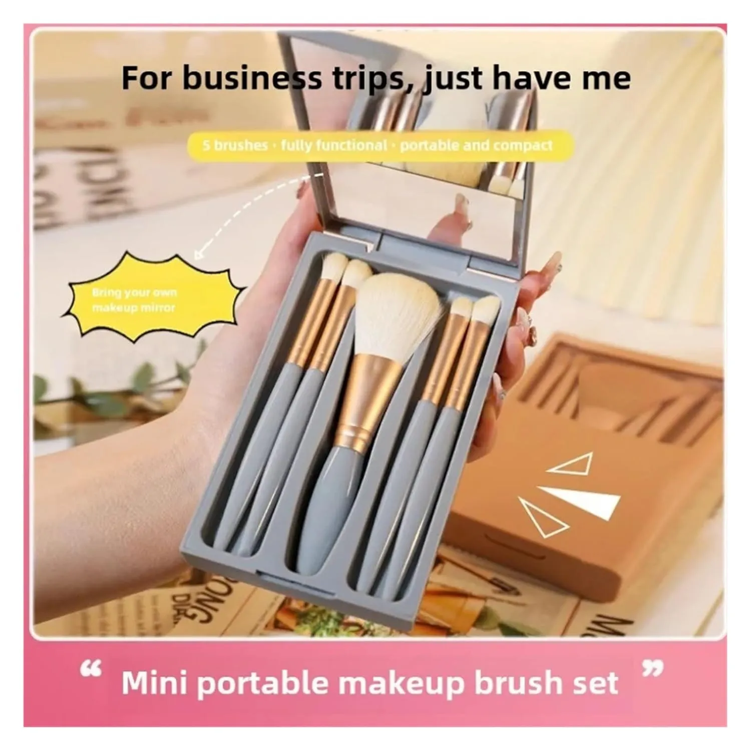 2024 New 5 pieces mirror box with skylight powder brush concealer blush super soft brush boxed mini portable makeup(Apricot)