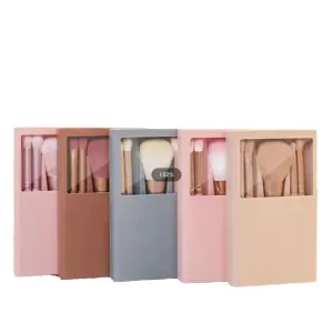 2024 New 5 pieces mirror box with skylight powder brush concealer blush super soft brush boxed mini portable makeup(Apricot)