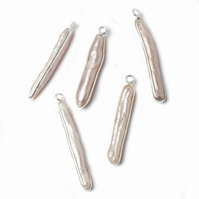 37x4mm Sterling Silver bezeled Light Peach Biwa Pearl 1 ring charm Pendant 1 piece