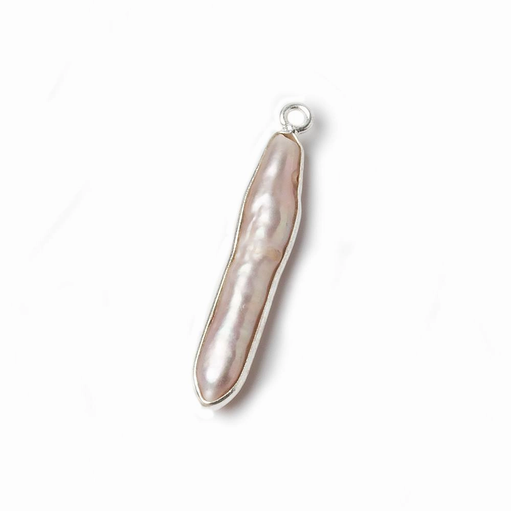 37x4mm Sterling Silver bezeled Light Peach Biwa Pearl 1 ring charm Pendant 1 piece