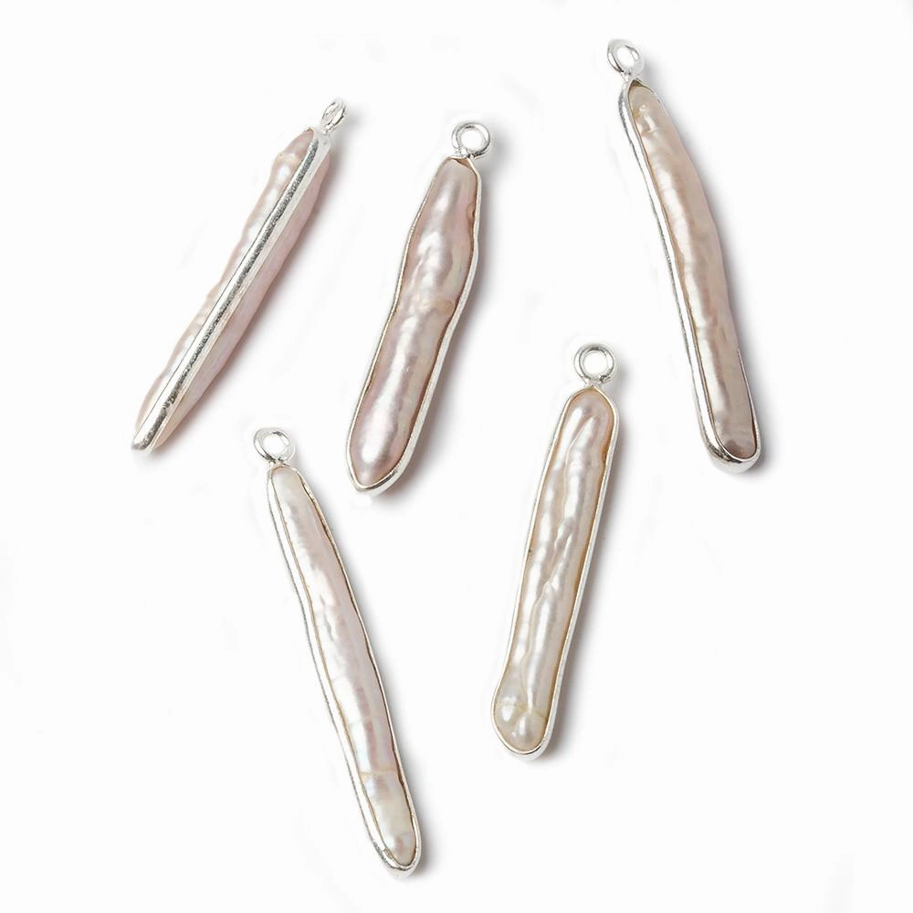 37x4mm Sterling Silver bezeled Light Peach Biwa Pearl 1 ring charm Pendant 1 piece