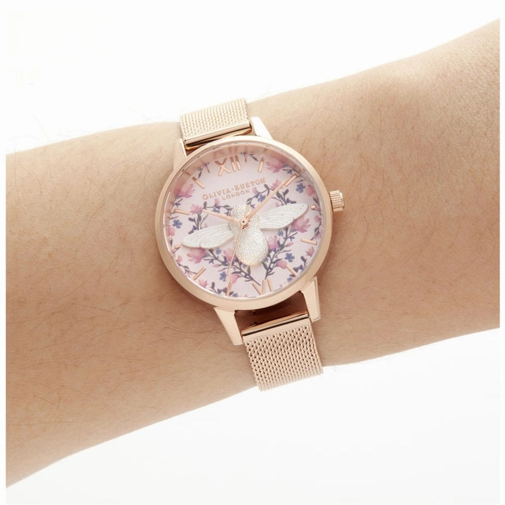 3D Bee Meant to Bee Blush Dial Silver and Rose Gold Mesh Watch