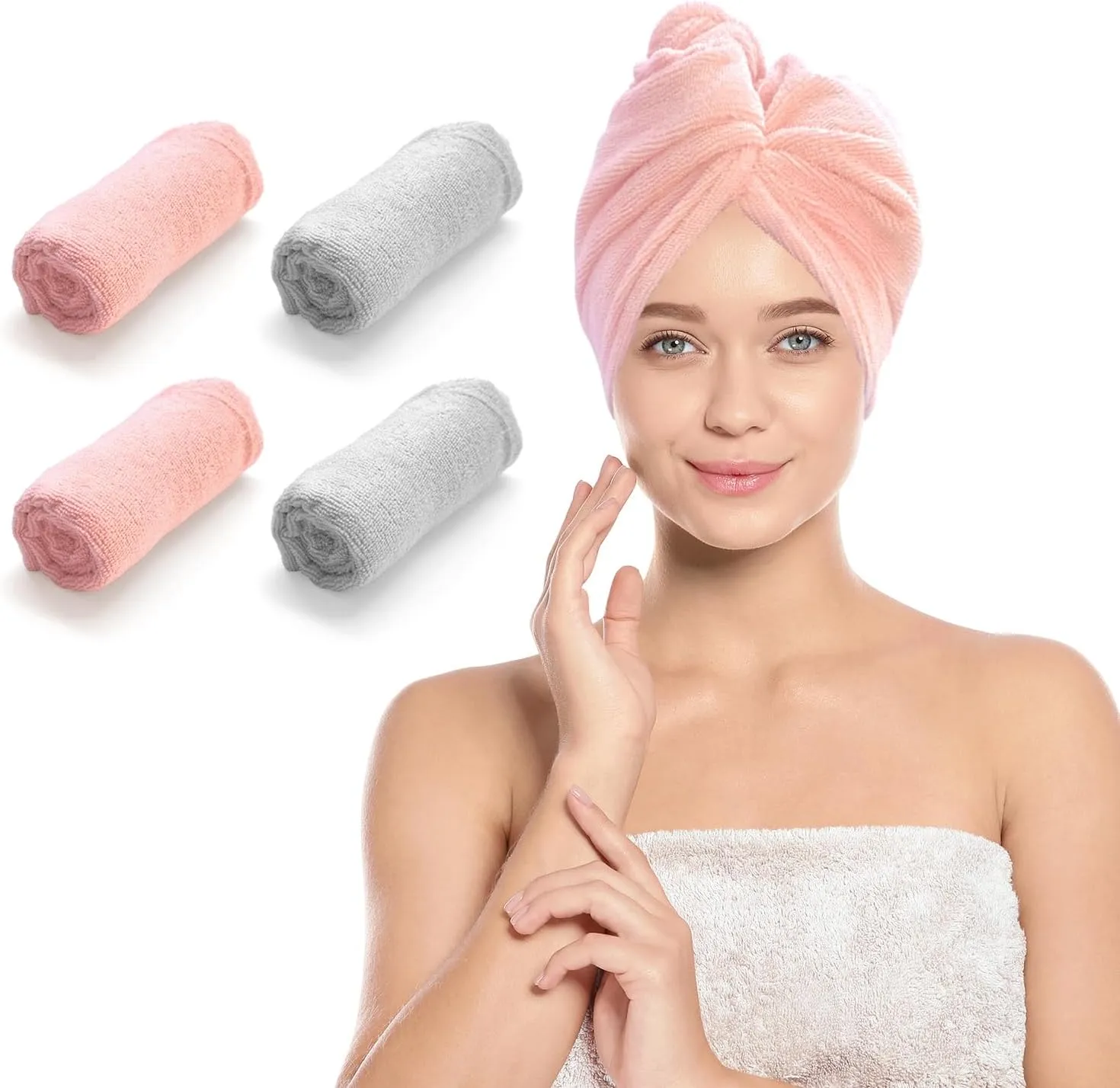 4 Pack Microfiber Hair Wrap Towels, Drying Turbans for Wet Hair, Dry Towel for Women Anti Frizz, Light Grey/Blush