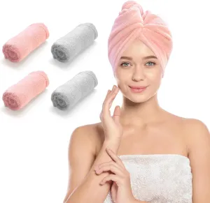 4 Pack Microfiber Hair Wrap Towels, Drying Turbans for Wet Hair, Dry Towel for Women Anti Frizz, Light Grey/Blush