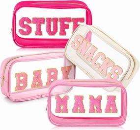 4 Pcs Mama and Baby Toiletry Bag Clear Chenille Letter Pouch Snacks Makeup Stuff Travel Diaper Bag Preppy Transparent Pouch with Zipper for Women Gift(Bright Color)