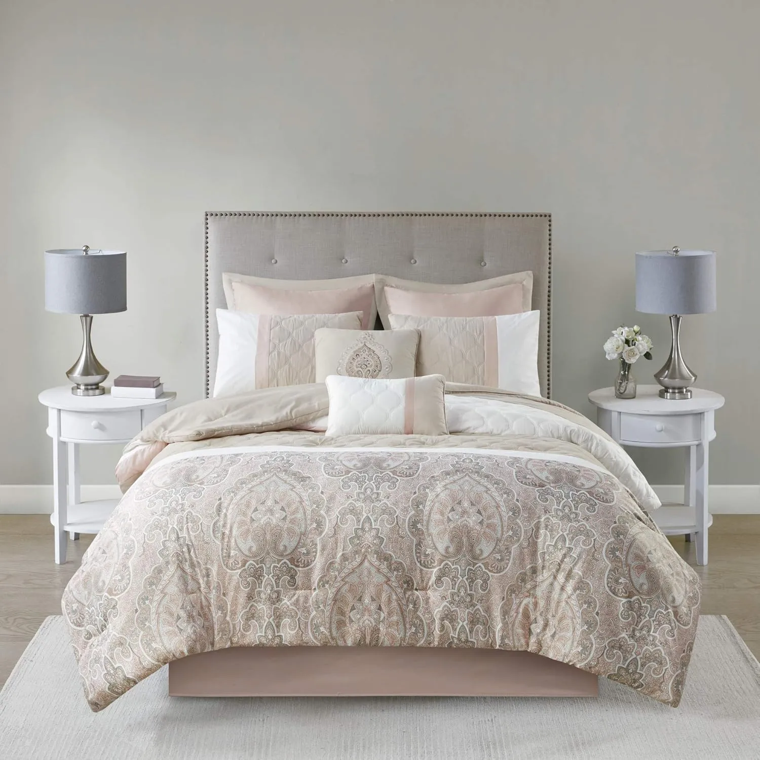 510 DESIGN Luxe Quilted Comforter Set Modern Transitional Design, All Season Down Alternative Warm Bedding Matching Shams, Bedskirt, Decorative Pillow, Queen, Shawnee Scrollwork Blush