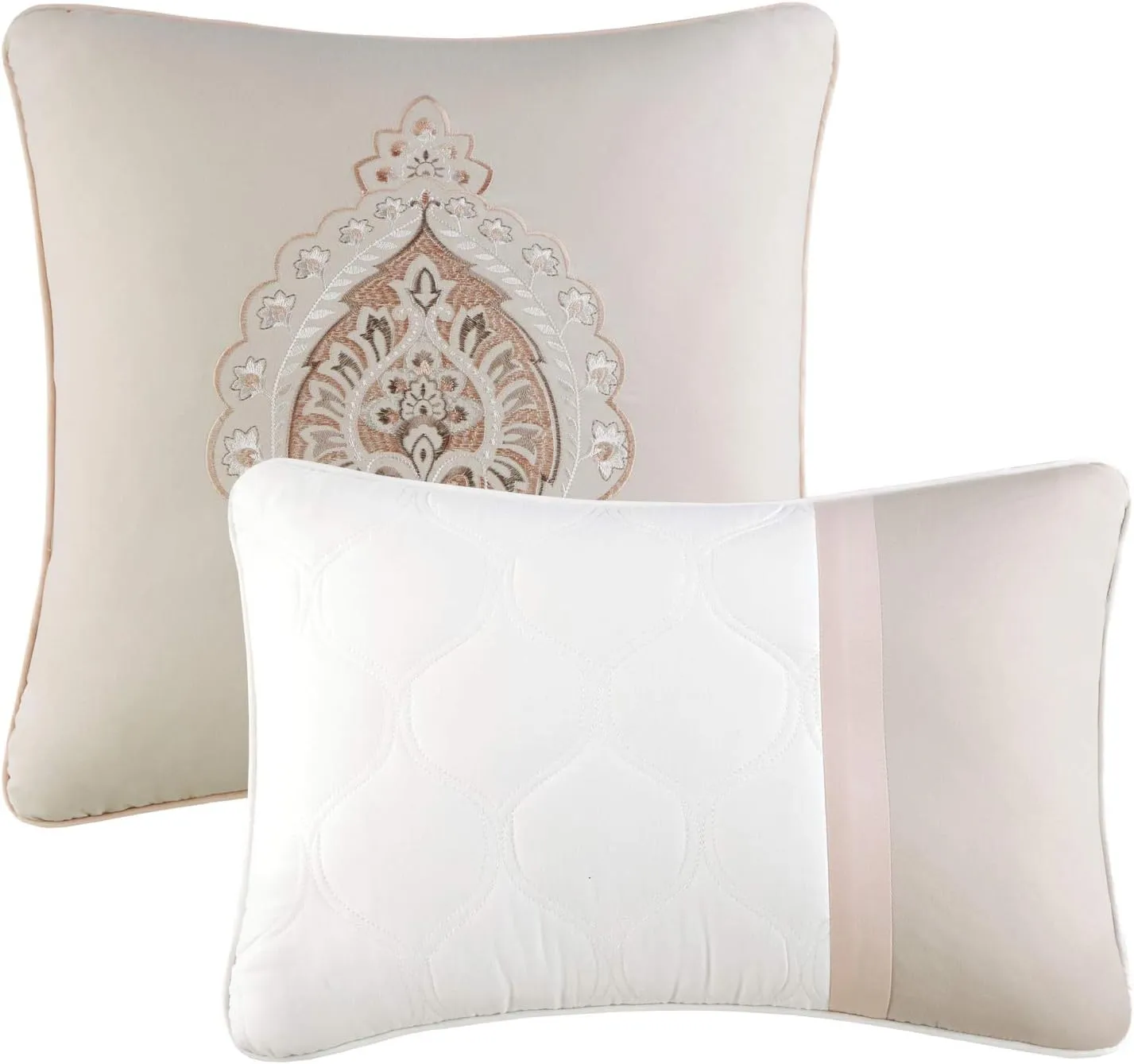 510 DESIGN Luxe Quilted Comforter Set Modern Transitional Design, All Season Down Alternative Warm Bedding Matching Shams, Bedskirt, Decorative Pillow, Queen, Shawnee Scrollwork Blush