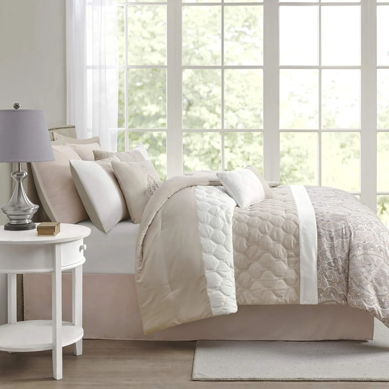 510 DESIGN Luxe Quilted Comforter Set Modern Transitional Design, All Season Down Alternative Warm Bedding Matching Shams, Bedskirt, Decorative Pillow, Queen, Shawnee Scrollwork Blush