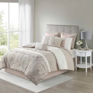 510 DESIGN Luxe Quilted Comforter Set Modern Transitional Design, All Season Down Alternative Warm Bedding Matching Shams, Bedskirt, Decorative Pillow, Queen, Shawnee Scrollwork Blush
