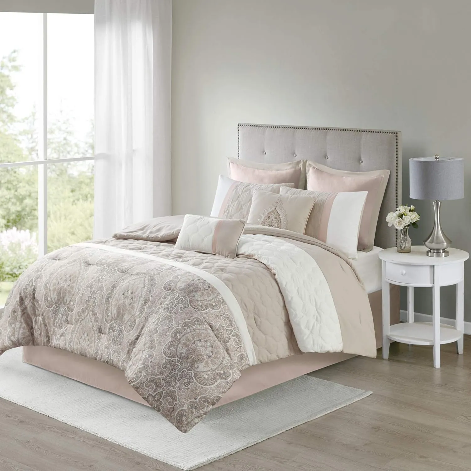 510 DESIGN Luxe Quilted Comforter Set Modern Transitional Design, All Season Down Alternative Warm Bedding Matching Shams, Bedskirt, Decorative Pillow, Queen, Shawnee Scrollwork Blush
