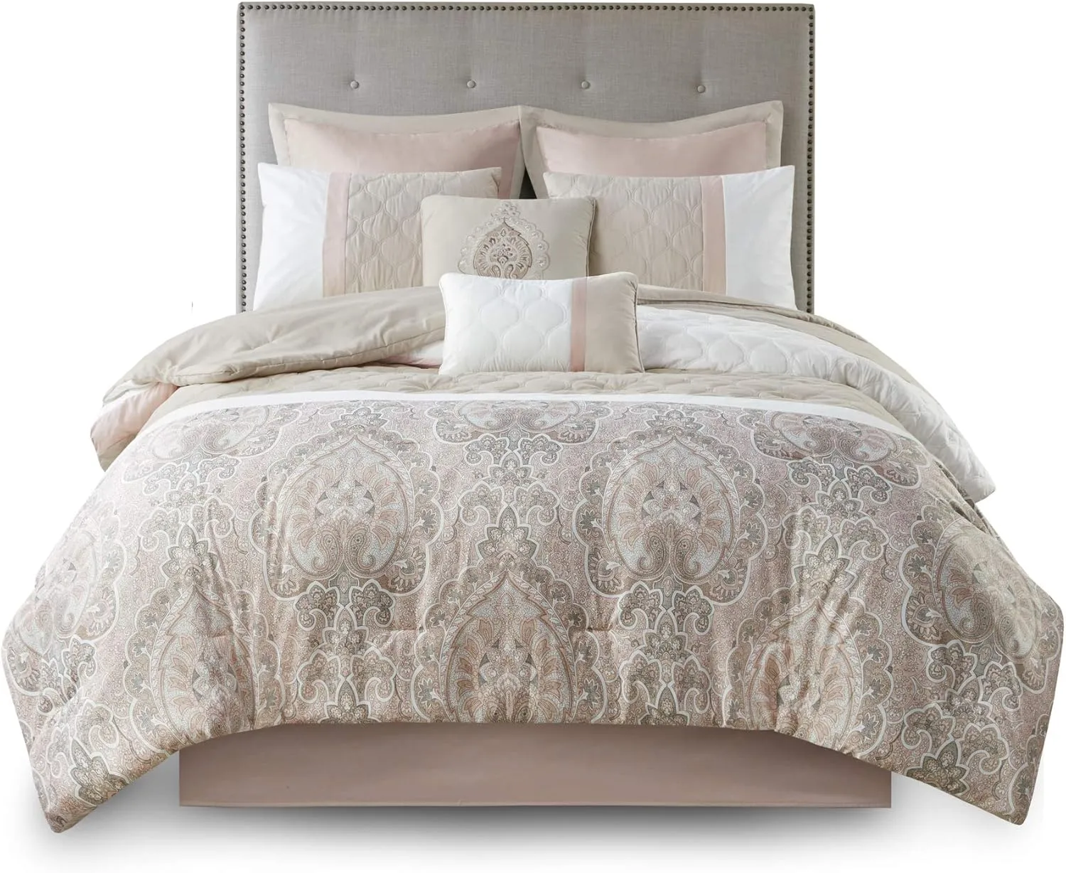 510 DESIGN Luxe Quilted Comforter Set Modern Transitional Design, All Season Down Alternative Warm Bedding Matching Shams, Bedskirt, Decorative Pillow, Queen, Shawnee Scrollwork Blush