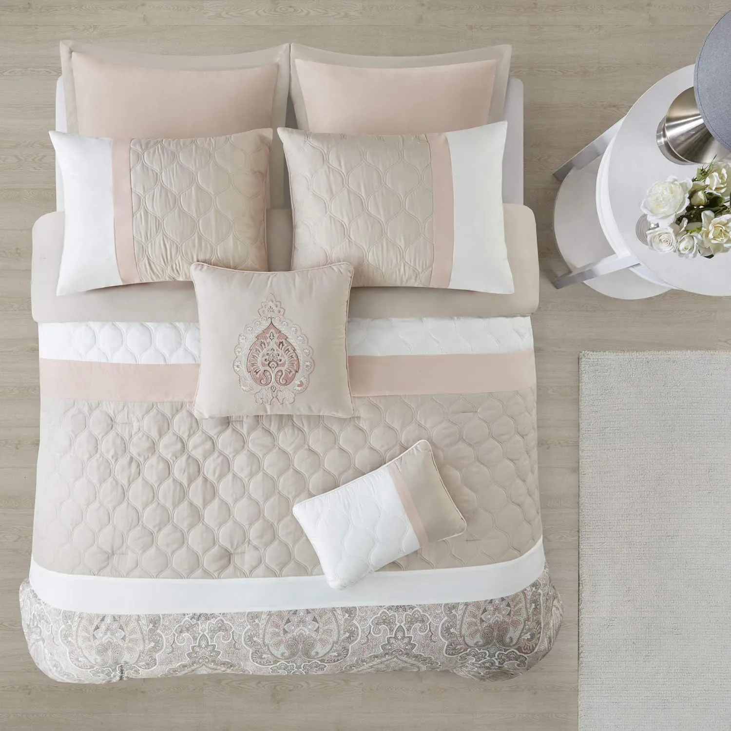 510 DESIGN Luxe Quilted Comforter Set Modern Transitional Design, All Season Down Alternative Warm Bedding Matching Shams, Bedskirt, Decorative Pillow, Queen, Shawnee Scrollwork Blush