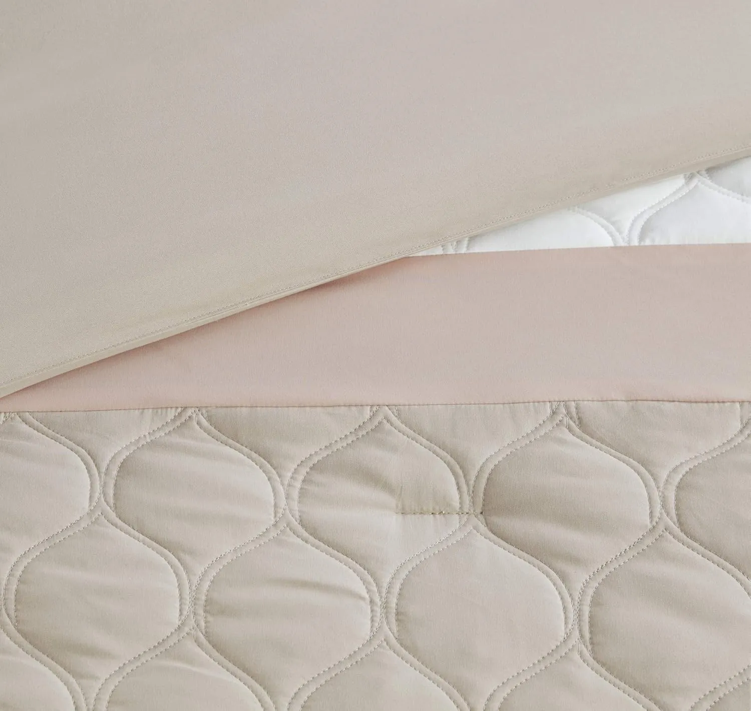 510 DESIGN Luxe Quilted Comforter Set Modern Transitional Design, All Season Down Alternative Warm Bedding Matching Shams, Bedskirt, Decorative Pillow, Queen, Shawnee Scrollwork Blush