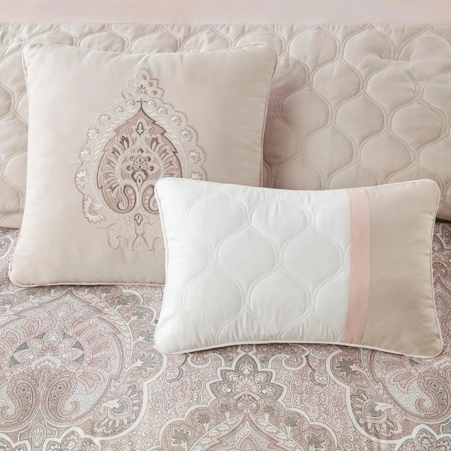 510 DESIGN Luxe Quilted Comforter Set Modern Transitional Design, All Season Down Alternative Warm Bedding Matching Shams, Bedskirt, Decorative Pillow, Queen, Shawnee Scrollwork Blush