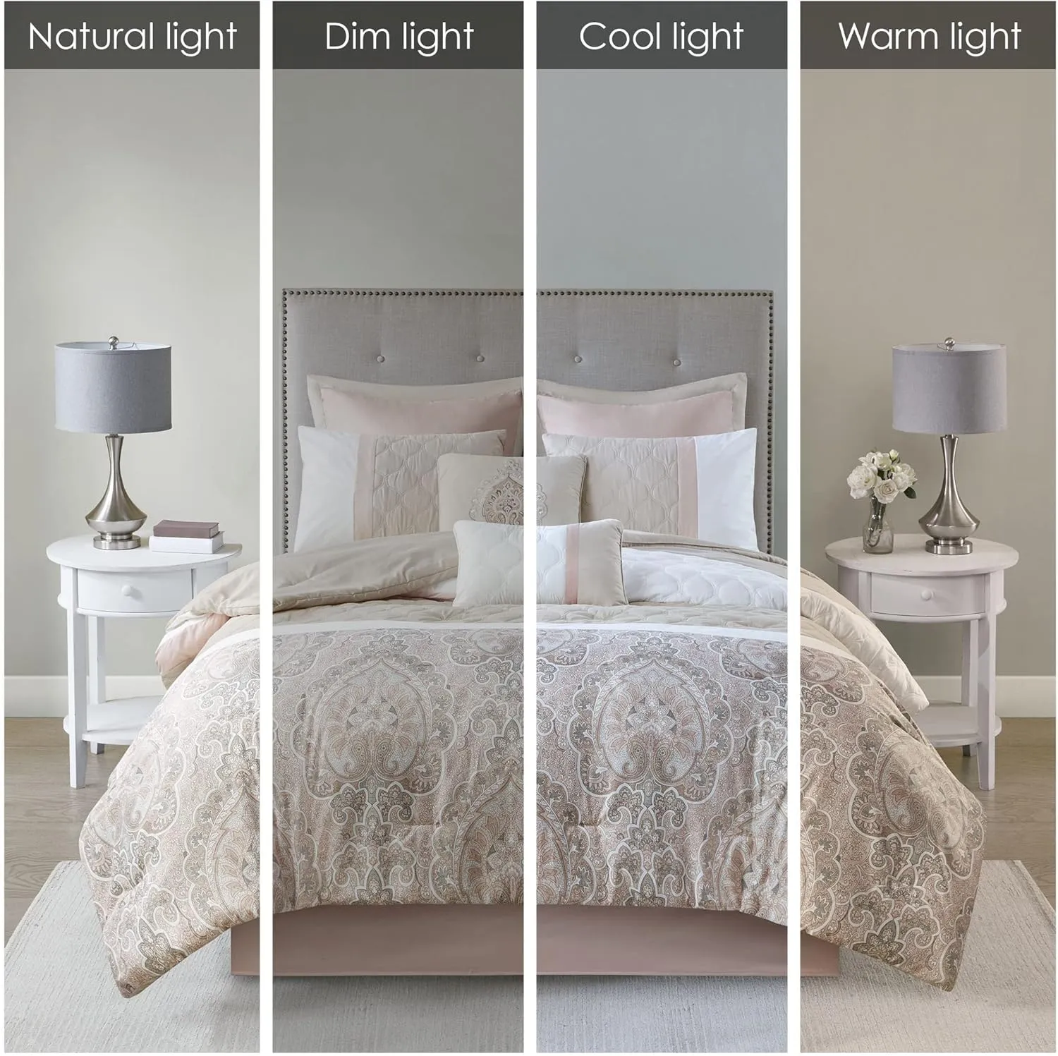 510 DESIGN Luxe Quilted Comforter Set Modern Transitional Design, All Season Down Alternative Warm Bedding Matching Shams, Bedskirt, Decorative Pillow, Queen, Shawnee Scrollwork Blush