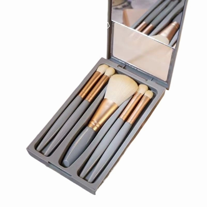 5-piece mirror box makeup brush with mirror travel soft-bristled loose powder eye shadow brush blush brush portable set(Blue)