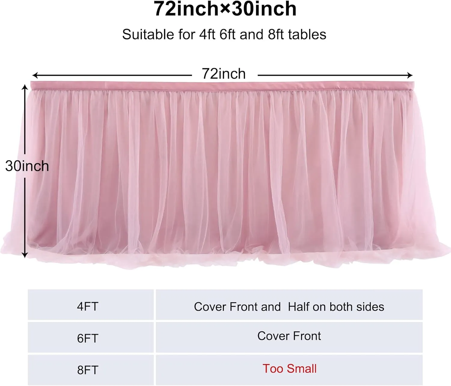 72in Dusty Rose Tulle Table Skirts for Rectangle Tables 6/4ft, 2-Layer Gold Grim Blush Pink Ruffle Tulle Tutu Cloth Table Skirt 6ft for Wedding Birthday Party Baby Shower Dessert(No Table Cover)