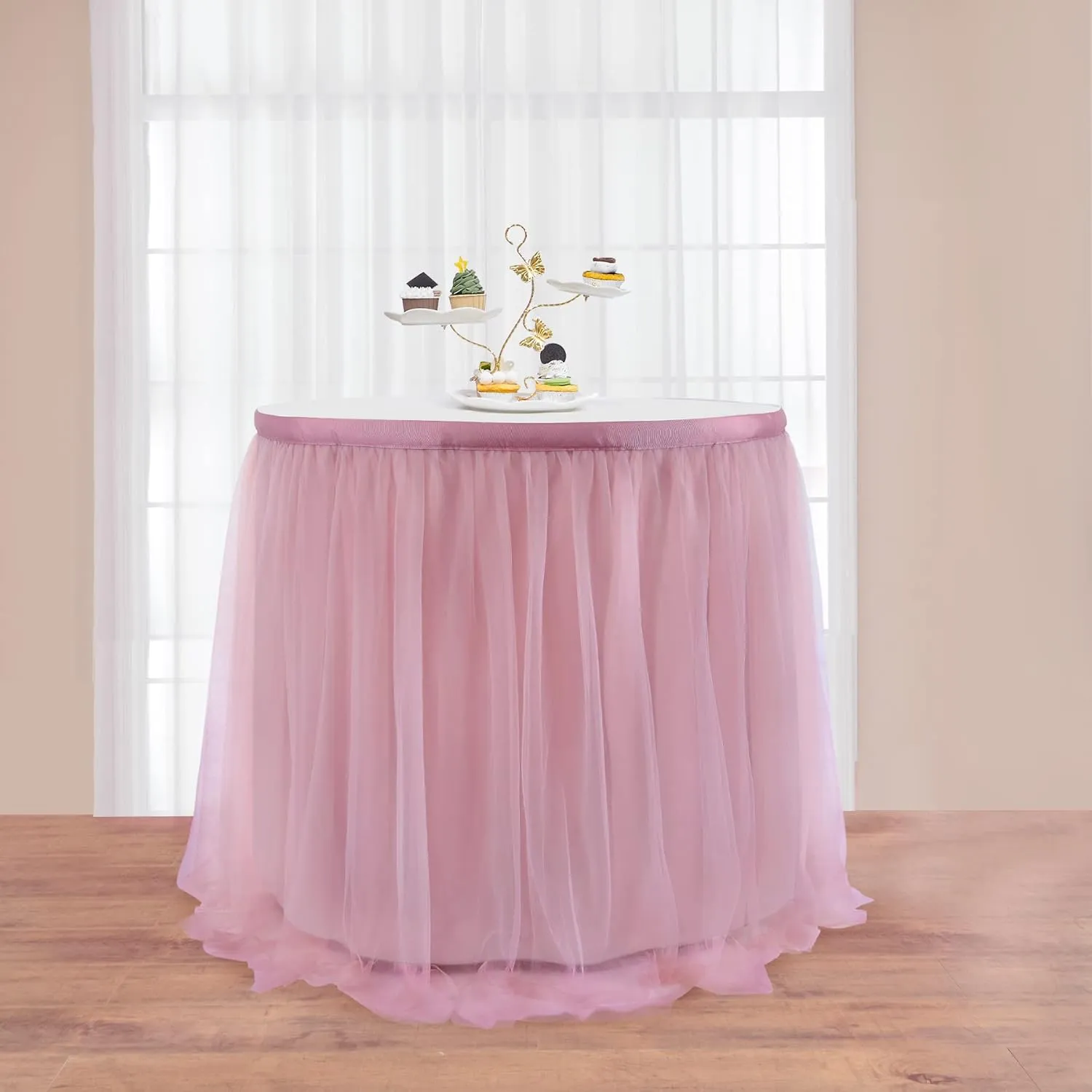 72in Dusty Rose Tulle Table Skirts for Rectangle Tables 6/4ft, 2-Layer Gold Grim Blush Pink Ruffle Tulle Tutu Cloth Table Skirt 6ft for Wedding Birthday Party Baby Shower Dessert(No Table Cover)