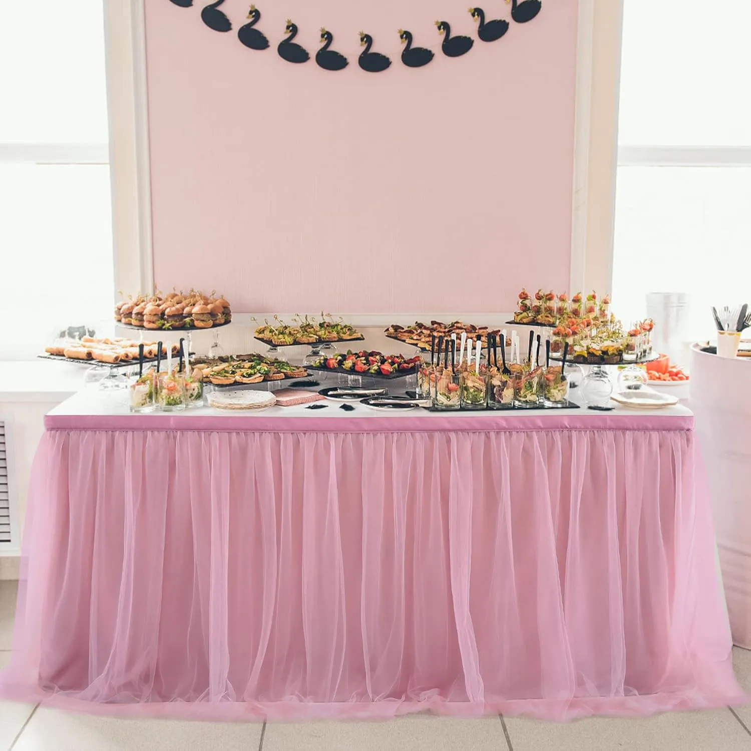 72in Dusty Rose Tulle Table Skirts for Rectangle Tables 6/4ft, 2-Layer Gold Grim Blush Pink Ruffle Tulle Tutu Cloth Table Skirt 6ft for Wedding Birthday Party Baby Shower Dessert(No Table Cover)