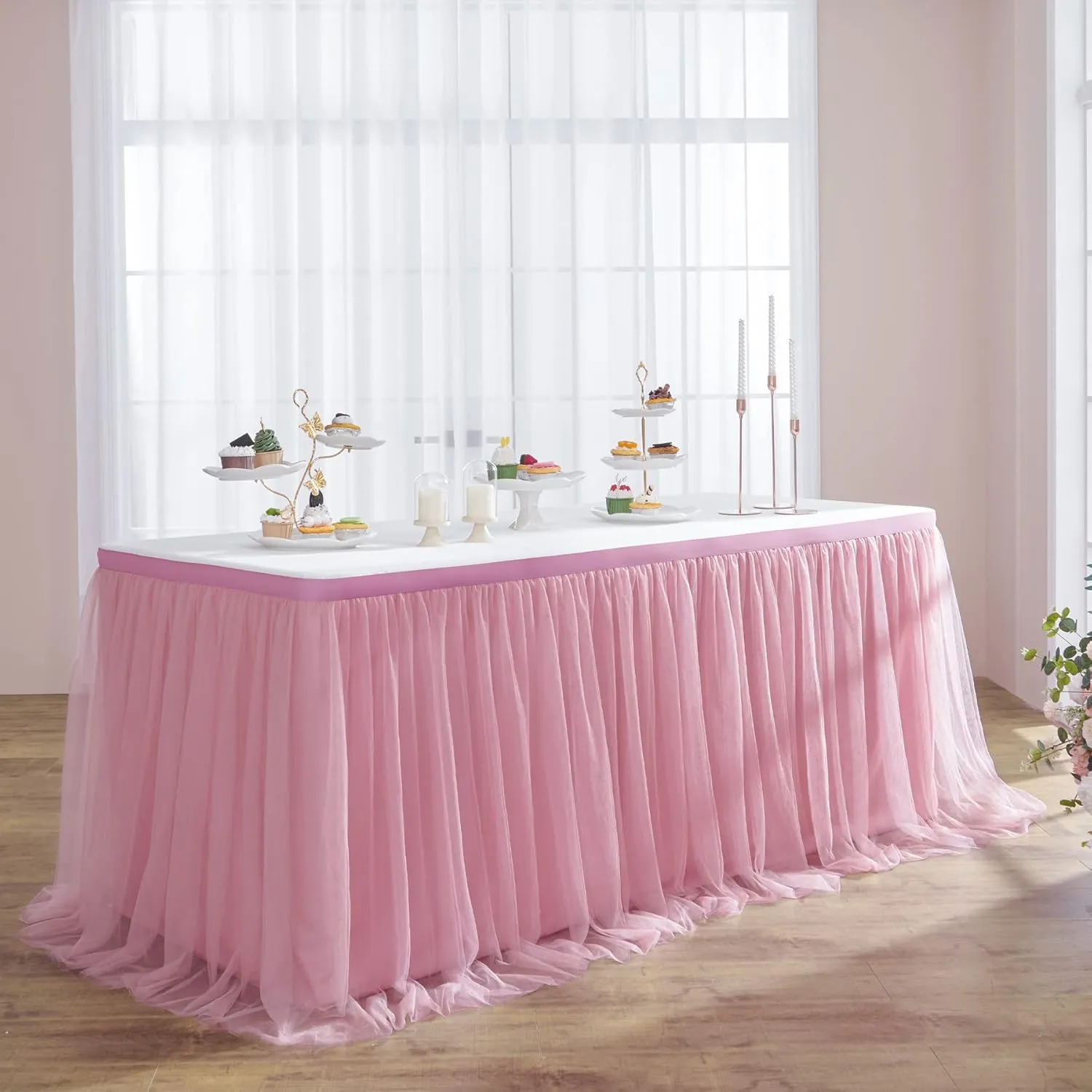 72in Dusty Rose Tulle Table Skirts for Rectangle Tables 6/4ft, 2-Layer Gold Grim Blush Pink Ruffle Tulle Tutu Cloth Table Skirt 6ft for Wedding Birthday Party Baby Shower Dessert(No Table Cover)