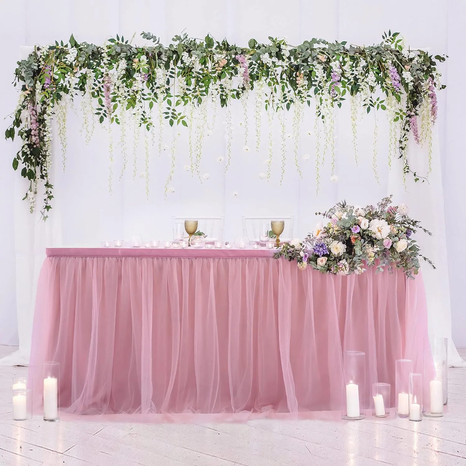 72in Dusty Rose Tulle Table Skirts for Rectangle Tables 6/4ft, 2-Layer Gold Grim Blush Pink Ruffle Tulle Tutu Cloth Table Skirt 6ft for Wedding Birthday Party Baby Shower Dessert(No Table Cover)