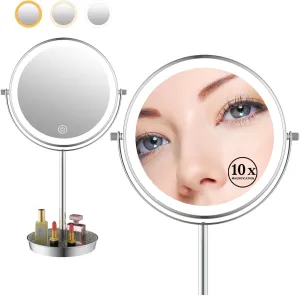 8" Lighted Makeup Mirror with 3 Color Lights and 1X 10X Magnification, Magnifying Vanity Mirror with Jewelry Holder and Storage Base, Dimmable,Touch Control, Chrome