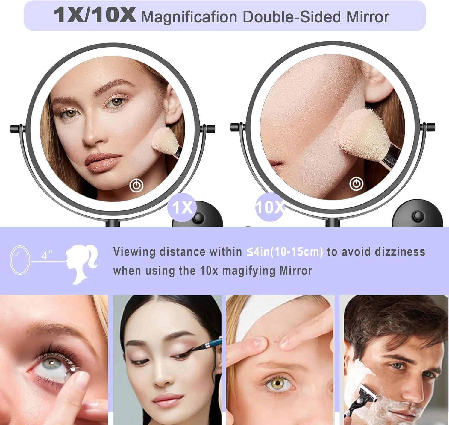 8“Wall Mounted Makeup Mirror With Lights, 10x Magnifying Mirror Wall Mount for Vanity, Bathroom and Shaving, Rechargeable Wall Mounted Makeup Mirror Swing Arm with Adjustable Brightness (Black-10X)