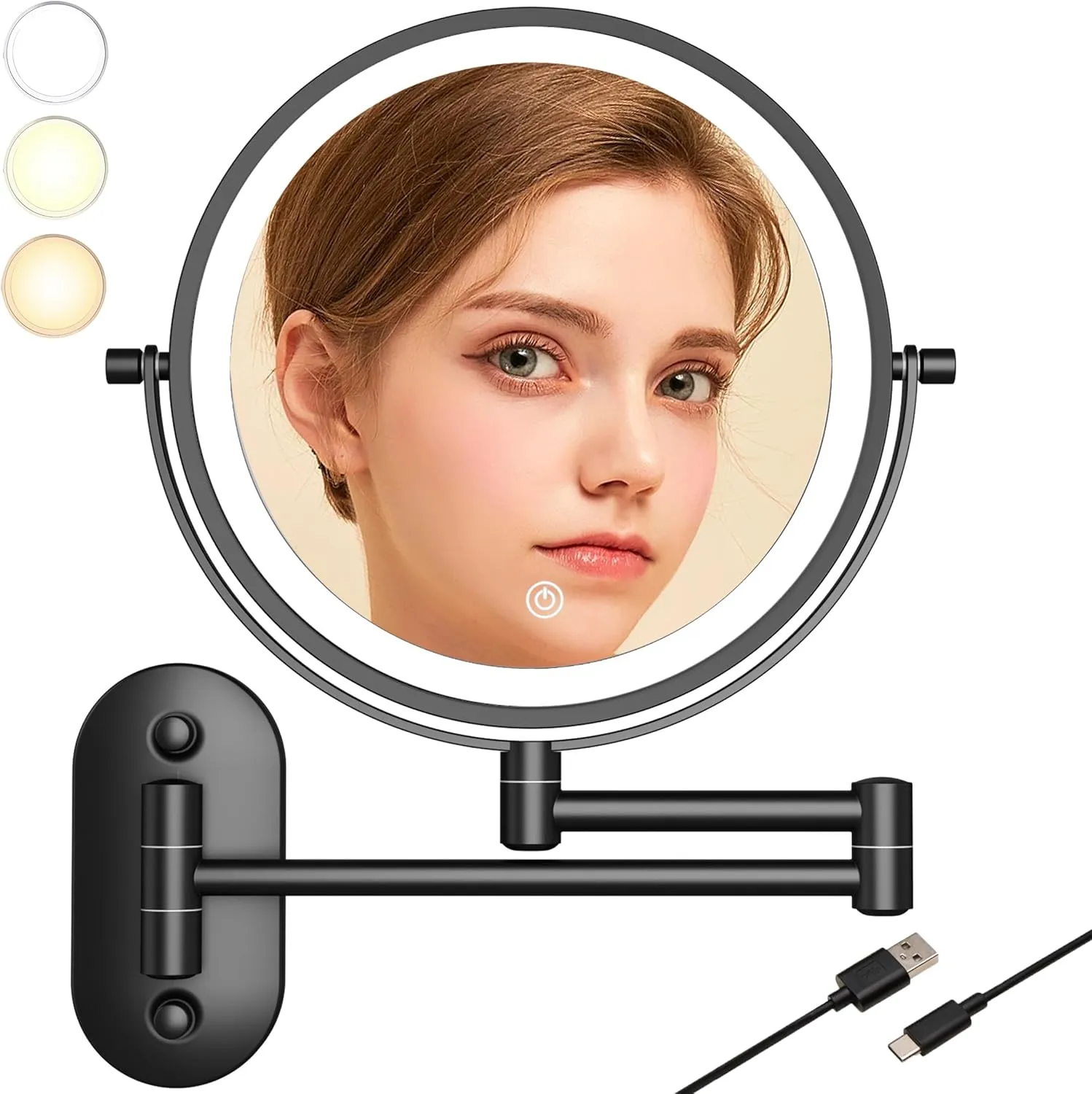 8“Wall Mounted Makeup Mirror With Lights, 10x Magnifying Mirror Wall Mount for Vanity, Bathroom and Shaving, Rechargeable Wall Mounted Makeup Mirror Swing Arm with Adjustable Brightness (Black-10X)