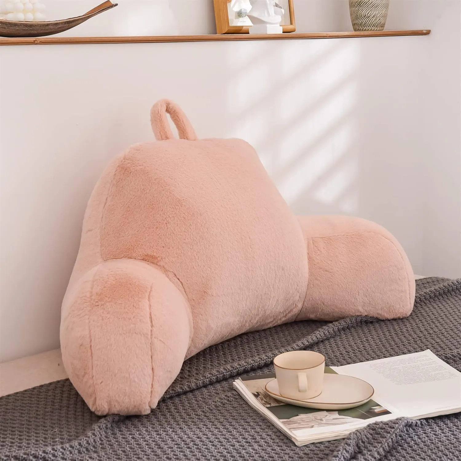 Aimuan Reading Pillow Bed Rest Pillow with Arms Rabbit Fur Back Pillow for Sitting up in Bed Adults Teens Incline Rest Sleeping Snoring with Pregnancy Lumbar Waist Support (Standard, Blush)