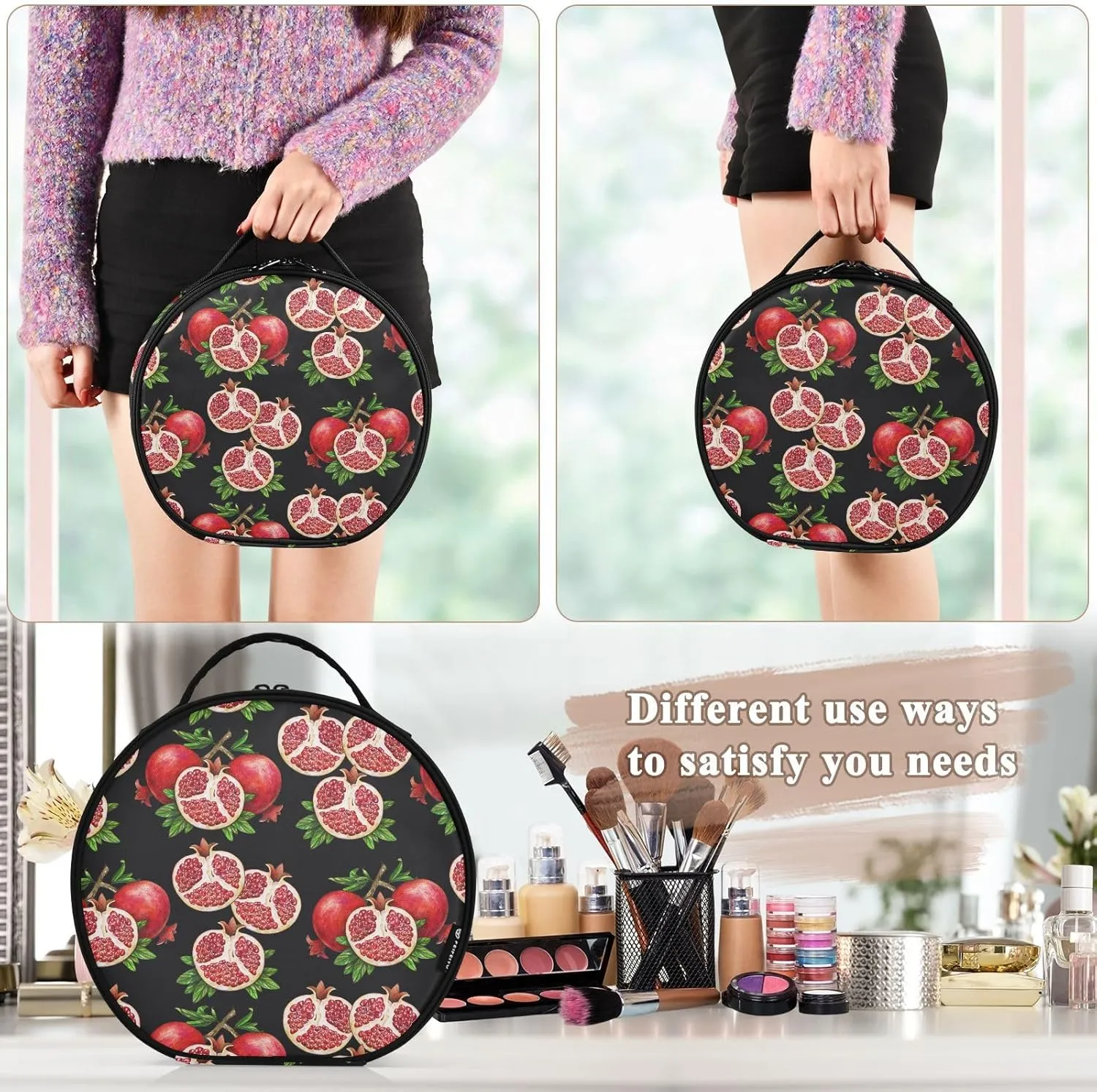 ALAZA Ripe Fruit of Red Pomegranate Travel Make Up Organizer Cosmetic Brush Bags Case