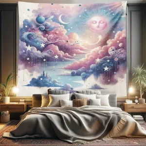 Ambesonne Celestial Sky Tapestry King Size, Bohemian Pastel Fantasy with Planet Like Forms Sleeping Sun Clouds, Wall Hanging Bedspread Bed Cover Wall Decor, 104" X 88", Blush Blue Lavender