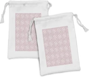 Ambesonne Damask Fabric Pouch Set of 2, Repetitive Monochrome Botanical Leaves Ornaments Delicate Gracious Illustration, Small Drawstring Bag for Toiletries Masks and Favors, 9" x 6", Blush and Rose