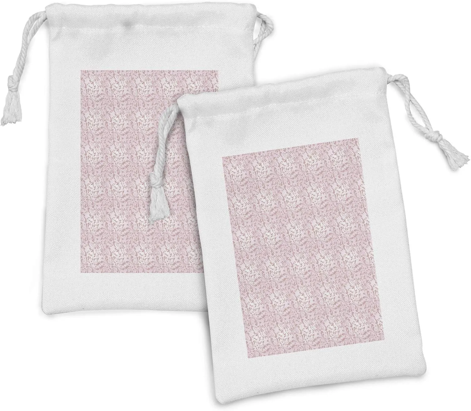 Ambesonne Damask Fabric Pouch Set of 2, Repetitive Monochrome Botanical Leaves Ornaments Delicate Gracious Illustration, Small Drawstring Bag for Toiletries Masks and Favors, 9" x 6", Blush and Rose