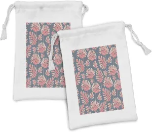 Ambesonne Exotic Fabric Pouch Set of 2, Hawaiian Vintage Pastel Tone Tropical Palm Leaves in Different Sizes, Small Drawstring Bag for Toiletries Masks and Favors, 9" x 6", Blue Grey Rose and Blush