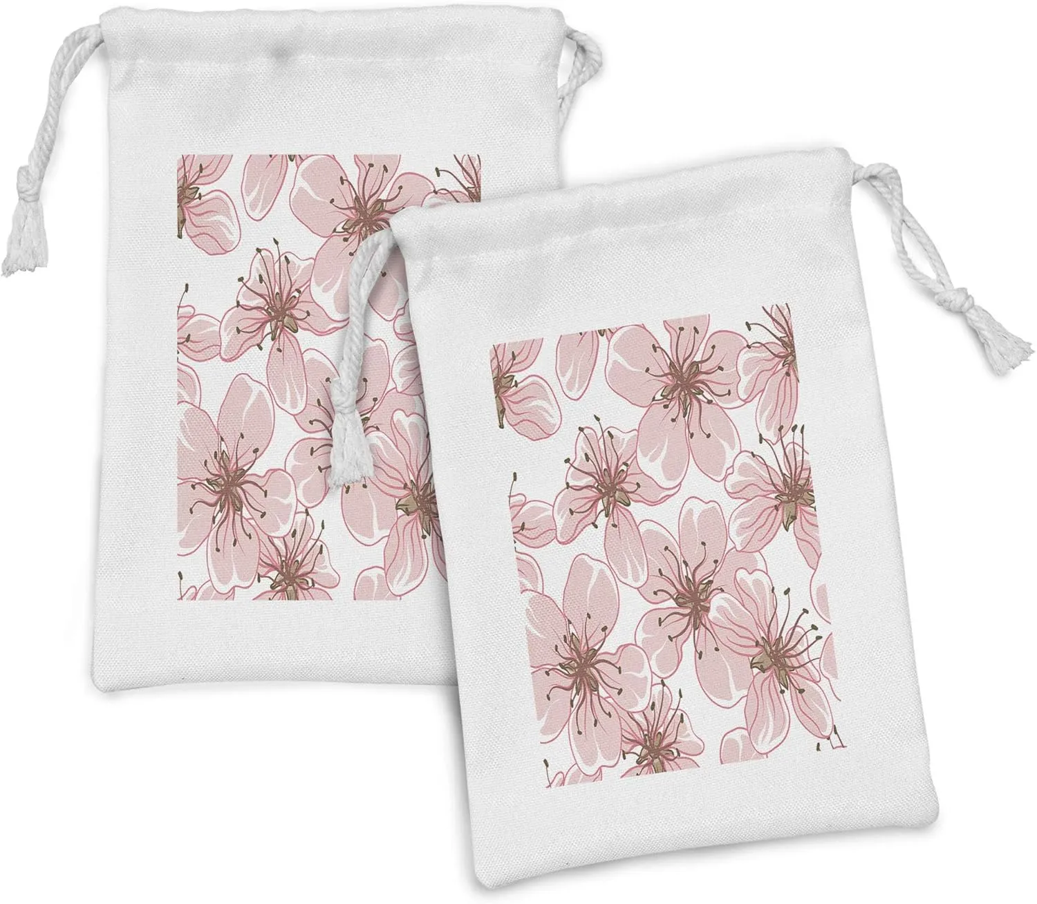 Ambesonne Japanese Fabric Pouch Set of 2, Spring Blossoms Petals Flora in Pastel Tones Boho Sakura Design, Small Drawstring Bag for Toiletries Masks and Favors, 9" x 6", Blush White and Dried Rose