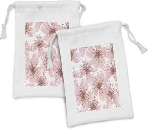 Ambesonne Japanese Fabric Pouch Set of 2, Spring Blossoms Petals Flora in Pastel Tones Boho Sakura Design, Small Drawstring Bag for Toiletries Masks and Favors, 9" x 6", Blush White and Dried Rose