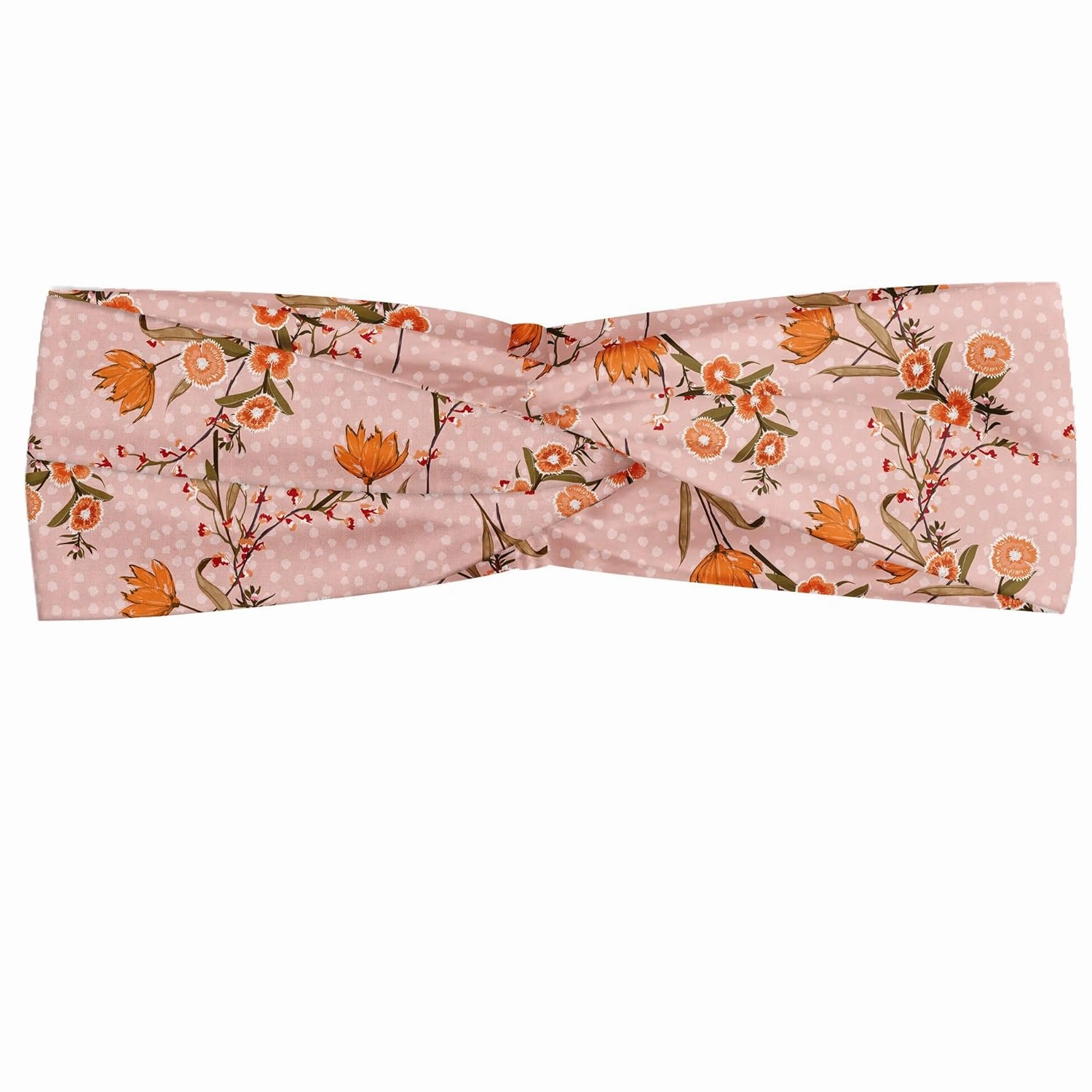 Ambesonne Floral Headband Set of 2, Pastel Romantic Colored Wild Flowers Drawing on Polka Dotted Backdrop, Knotted Elastic Hair Band Accessory for Women Everyday Use, M-L, Blush Camel Burnt Sienna