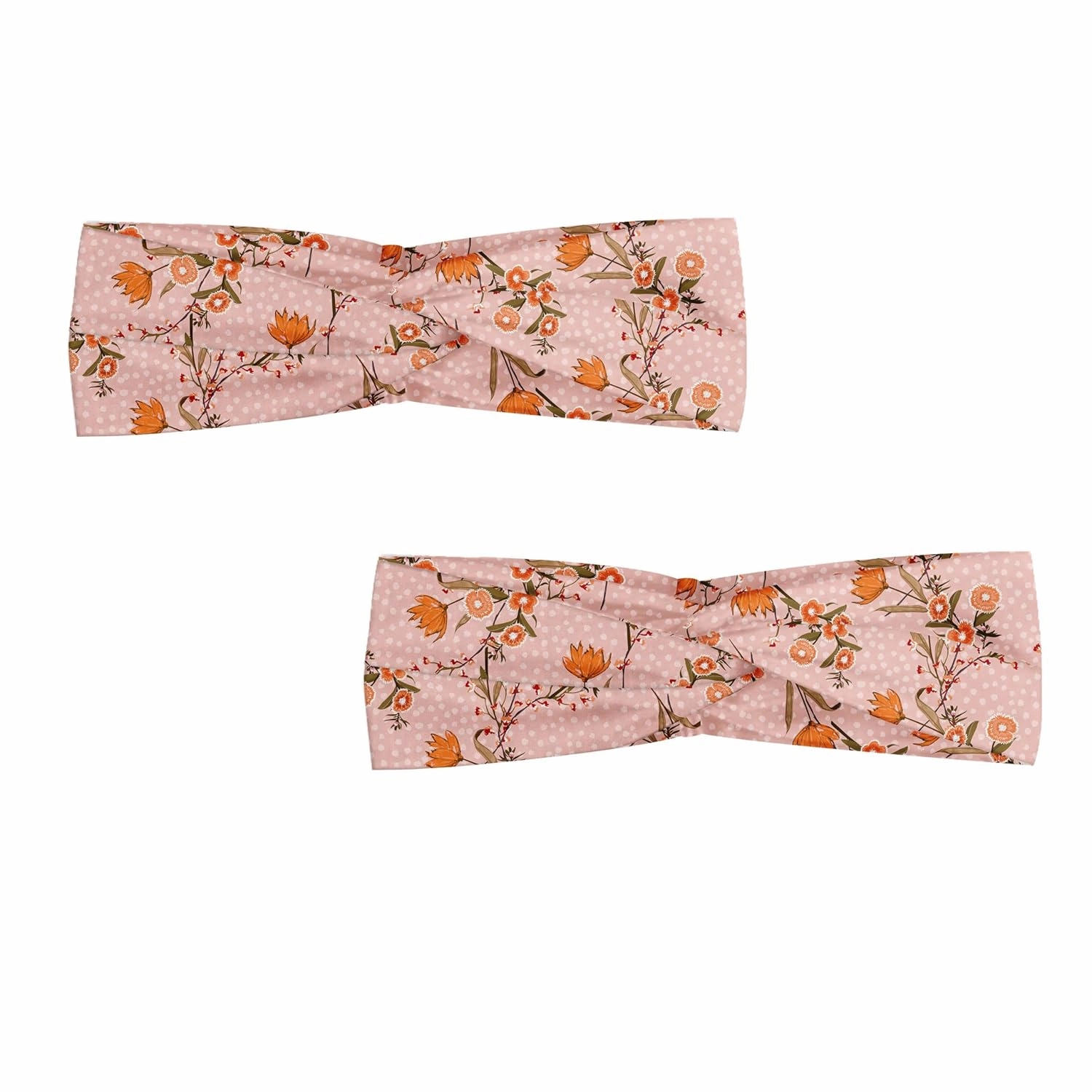 Ambesonne Floral Headband Set of 2, Pastel Romantic Colored Wild Flowers Drawing on Polka Dotted Backdrop, Knotted Elastic Hair Band Accessory for Women Everyday Use, M-L, Blush Camel Burnt Sienna