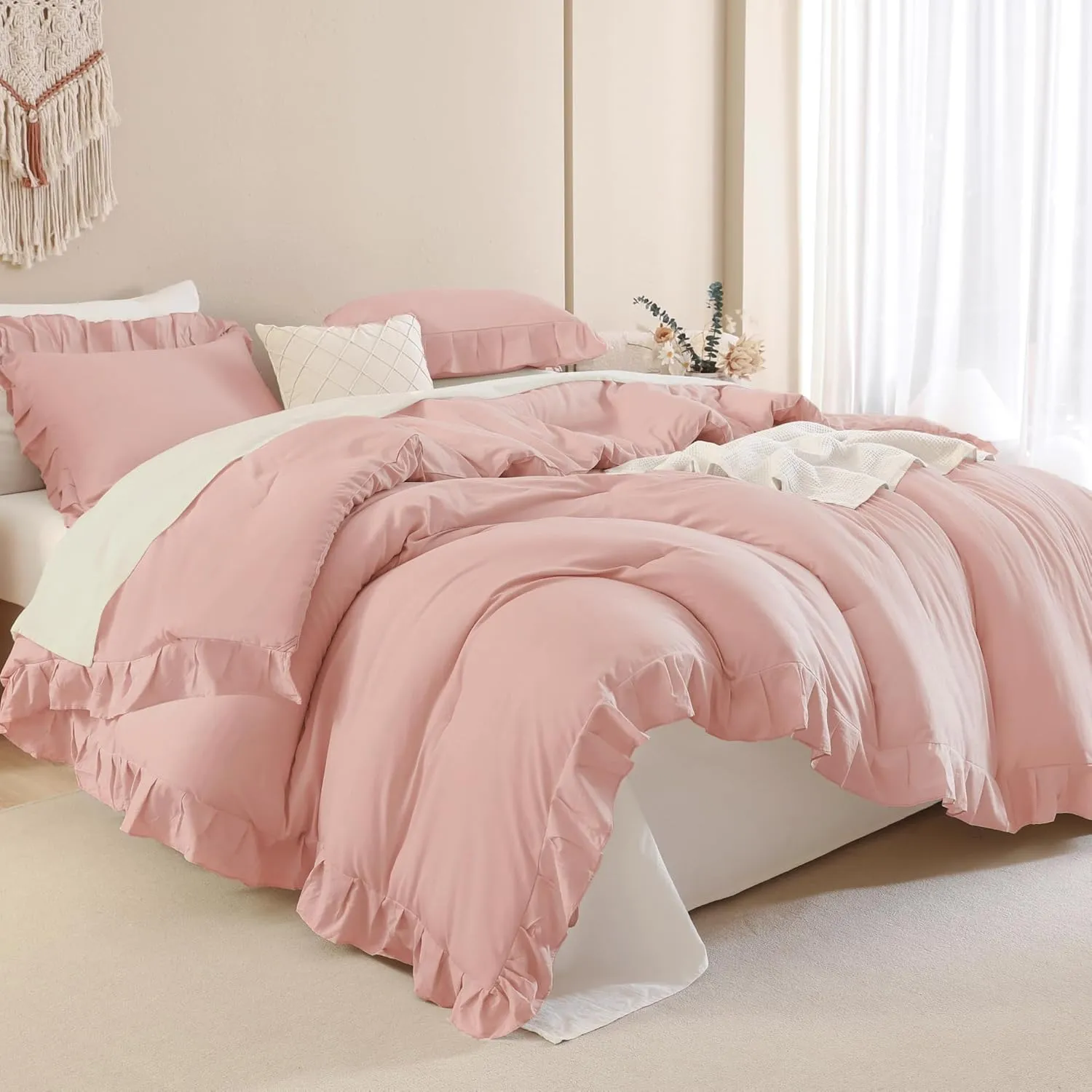 Andency Blush Ruffle Comforter Set, 2 Pieces Kids Comforter Set Twin(66x90Inch), Farmhouse Shabby Chic Comforter Set, Soft Microfiber Kids Bedding Set