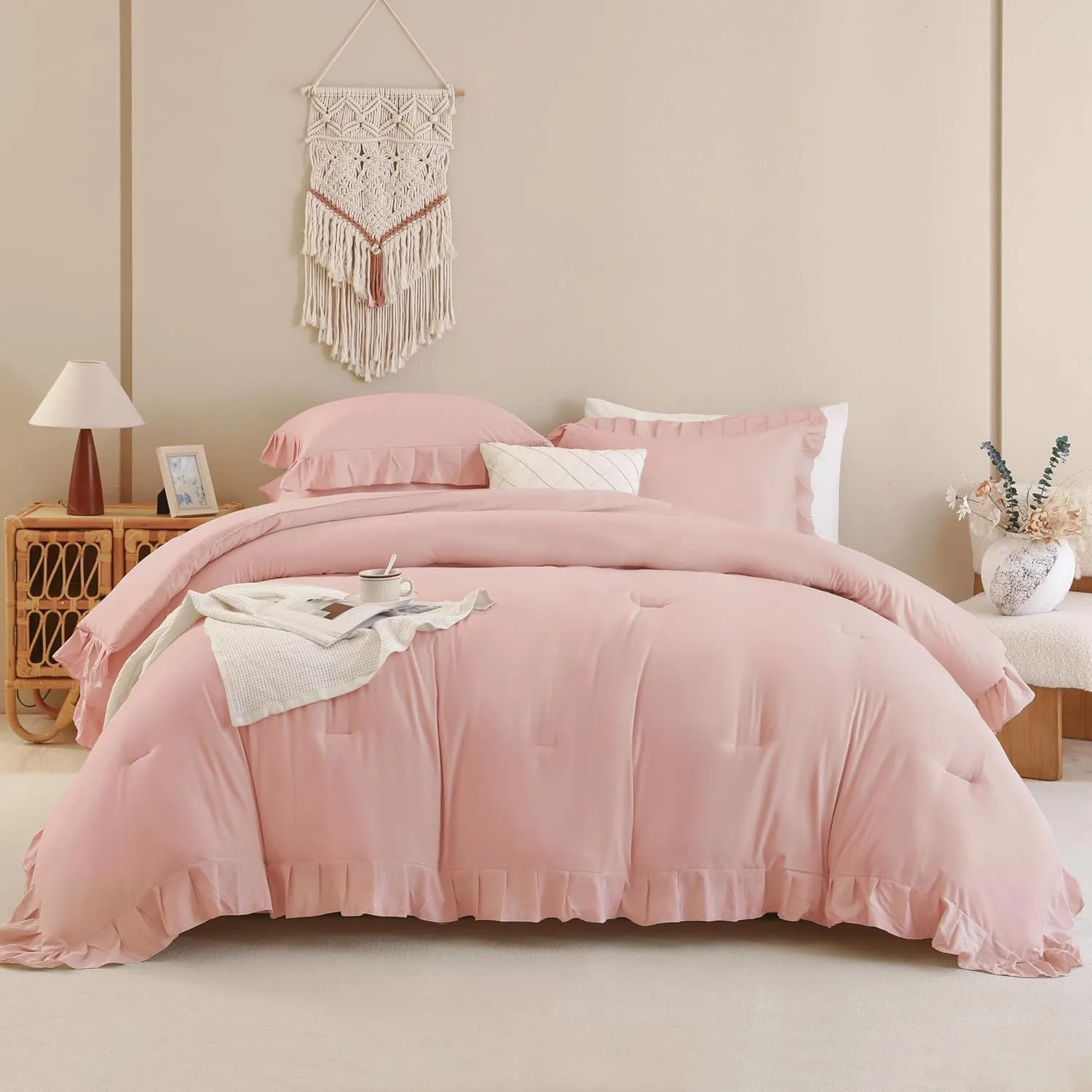Andency Blush Ruffle Comforter Set, 2 Pieces Kids Comforter Set Twin(66x90Inch), Farmhouse Shabby Chic Comforter Set, Soft Microfiber Kids Bedding Set