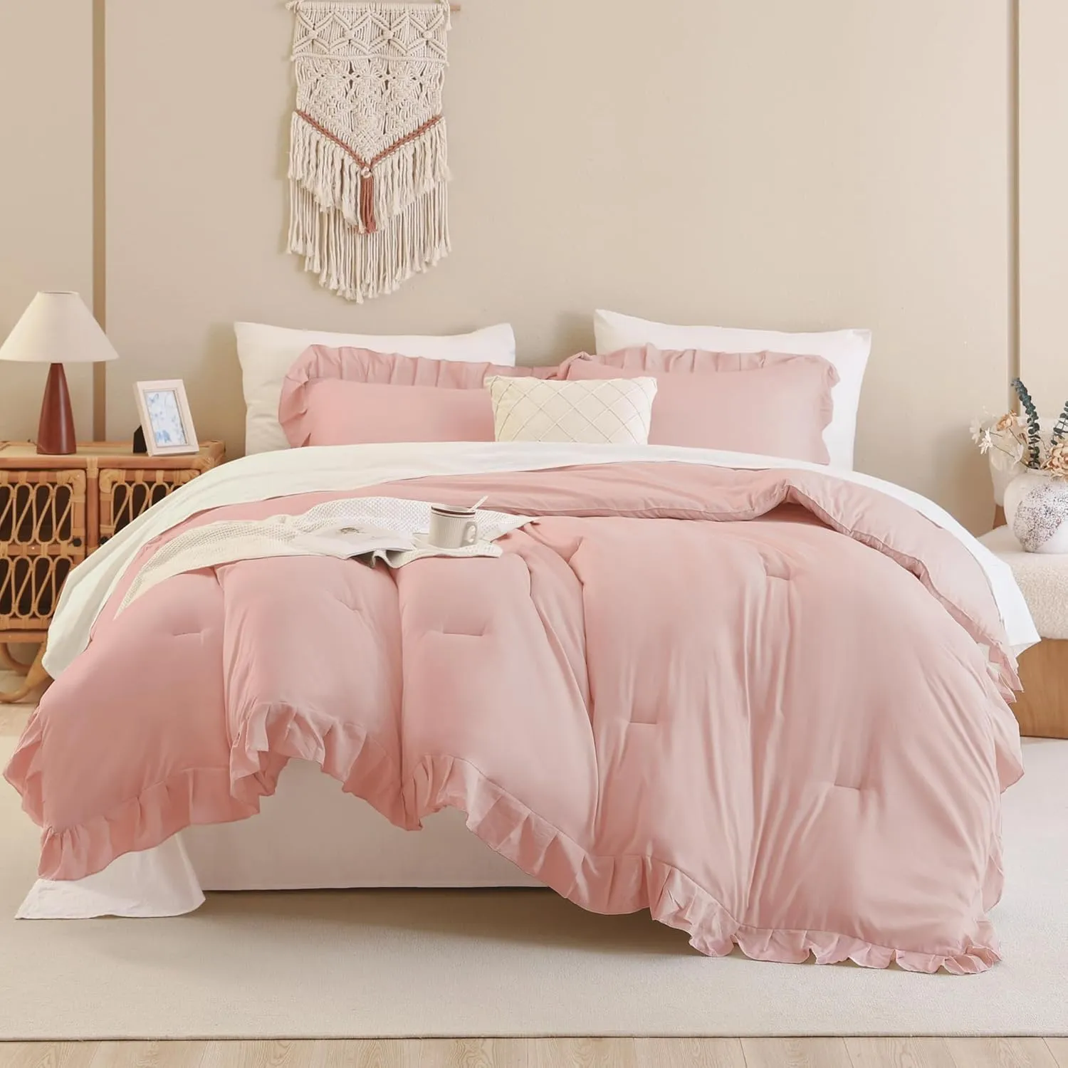 Andency Blush Ruffle Comforter Set, 2 Pieces Kids Comforter Set Twin(66x90Inch), Farmhouse Shabby Chic Comforter Set, Soft Microfiber Kids Bedding Set