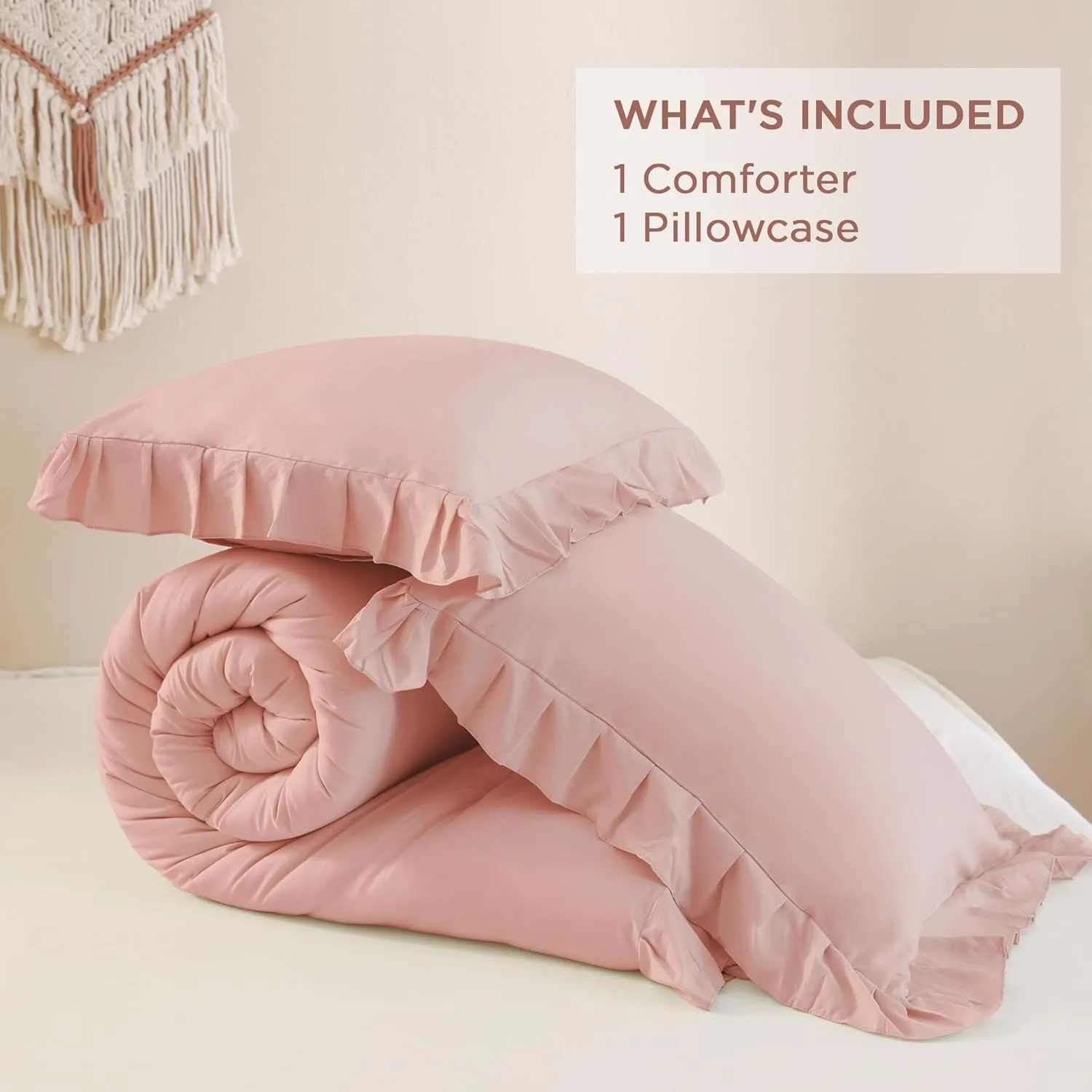 Andency Blush Ruffle Comforter Set, 2 Pieces Kids Comforter Set Twin(66x90Inch), Farmhouse Shabby Chic Comforter Set, Soft Microfiber Kids Bedding Set