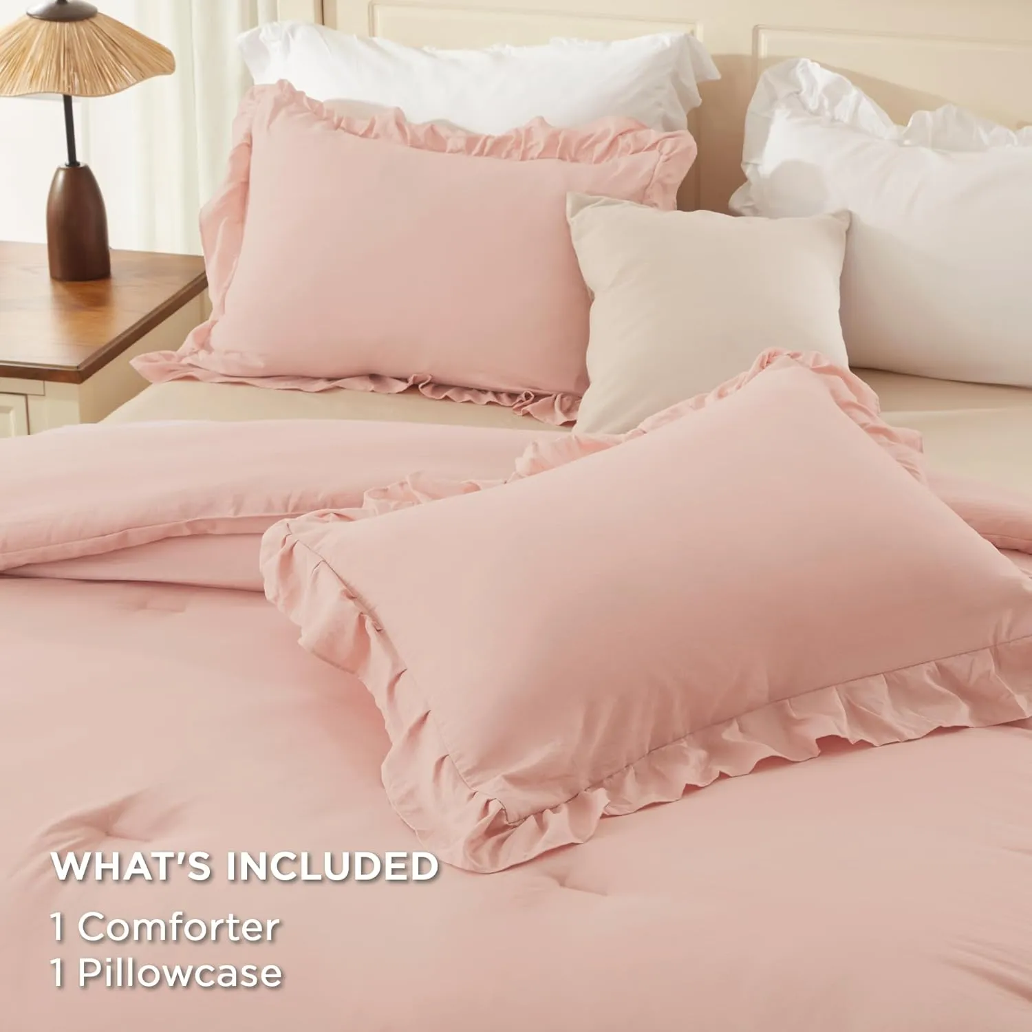 Andency Blush Twin Size Comforter Set(66x90Inch), 2 Pieces Farmhouse Shabby Chic Ruffle Comforter Set for Kids, Lightweight Fluffy All Season Soft Microfiber Bedding Set