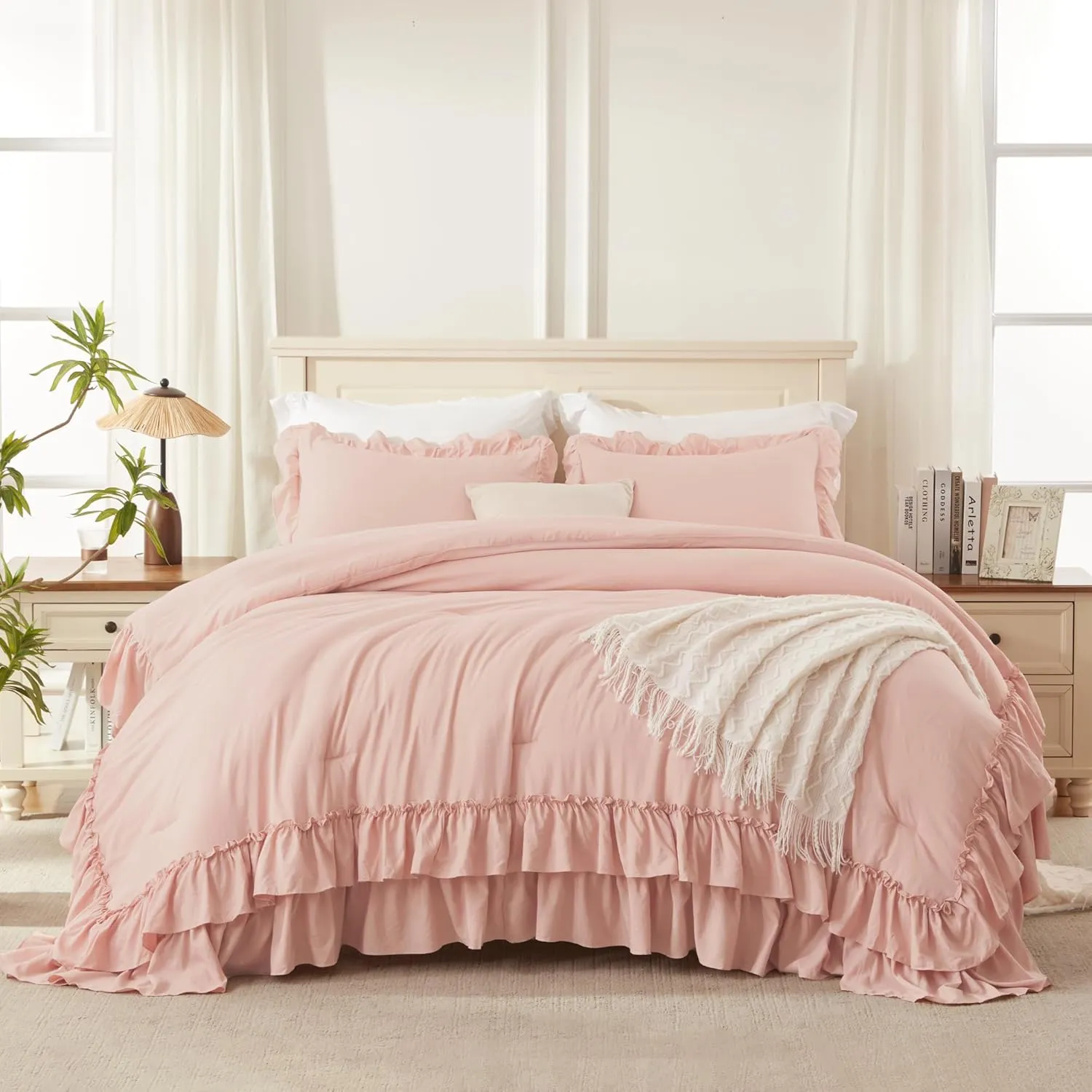 Andency Blush Twin Size Comforter Set(66x90Inch), 2 Pieces Farmhouse Shabby Chic Ruffle Comforter Set for Kids, Lightweight Fluffy All Season Soft Microfiber Bedding Set