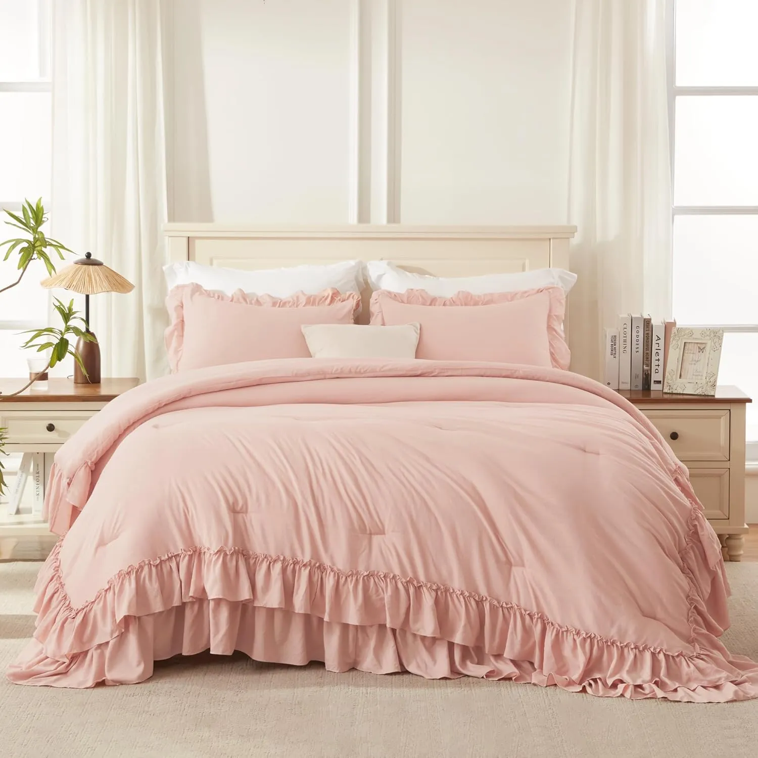 Andency Blush Twin Size Comforter Set(66x90Inch), 2 Pieces Farmhouse Shabby Chic Ruffle Comforter Set for Kids, Lightweight Fluffy All Season Soft Microfiber Bedding Set
