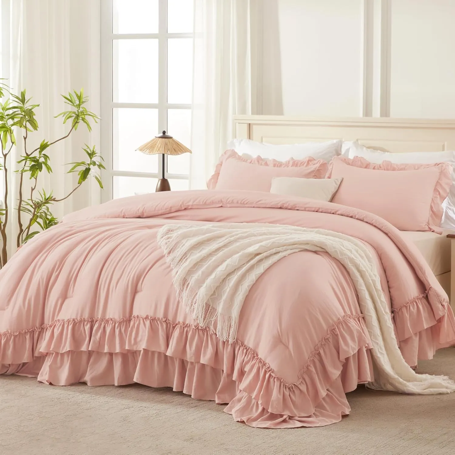 Andency Blush Twin Size Comforter Set(66x90Inch), 2 Pieces Farmhouse Shabby Chic Ruffle Comforter Set for Kids, Lightweight Fluffy All Season Soft Microfiber Bedding Set
