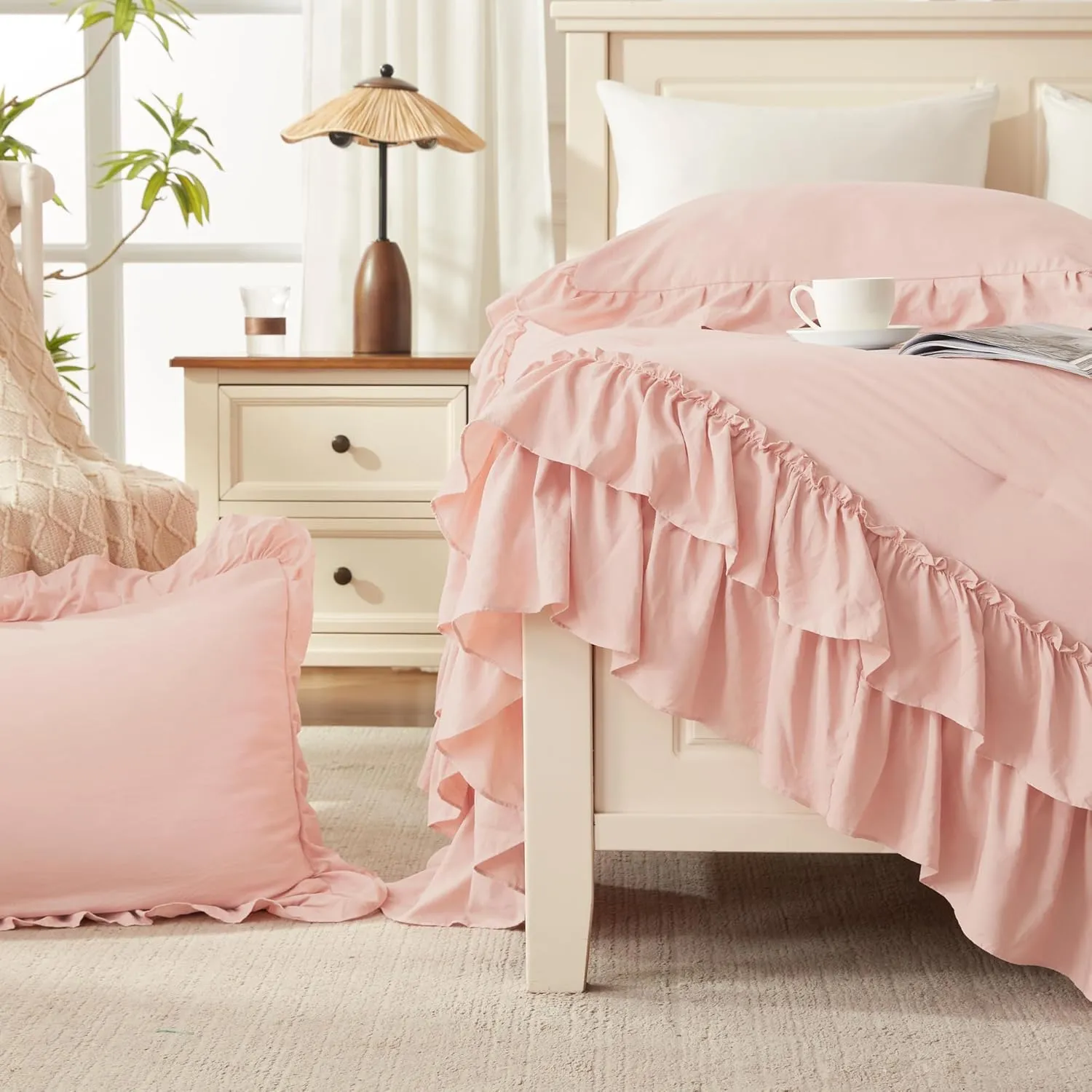 Andency Blush Twin Size Comforter Set(66x90Inch), 2 Pieces Farmhouse Shabby Chic Ruffle Comforter Set for Kids, Lightweight Fluffy All Season Soft Microfiber Bedding Set