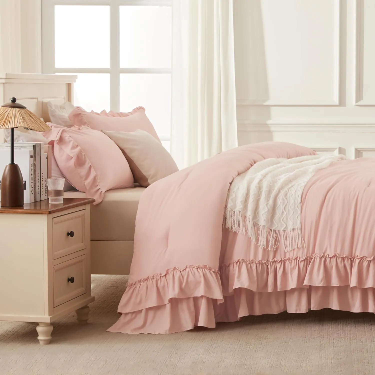 Andency Blush Twin Size Comforter Set(66x90Inch), 2 Pieces Farmhouse Shabby Chic Ruffle Comforter Set for Kids, Lightweight Fluffy All Season Soft Microfiber Bedding Set